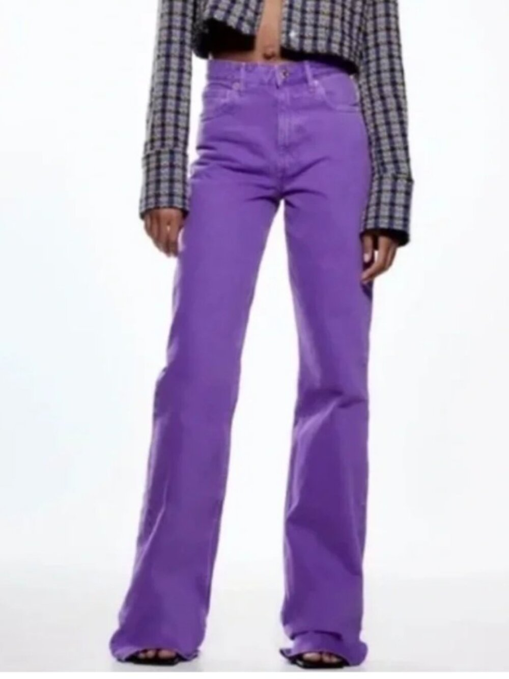 ZARA Purple High Waisted Jeans XS S 2 Wide Leg Straight Raw Hem Denim Trendy Y2K